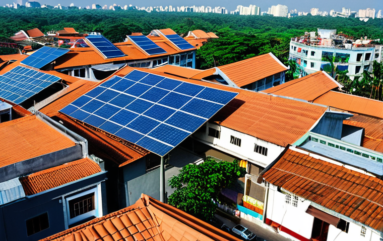 **Prompt 1: Rooftop Solar in Vietnamese Urban Landscapes**
A wide, optimistic shot of a bustling Vietnamese urban landscape, possibly Hanoi or Ho Chi Minh City, with a clear blue sky. Dominating the foreground and mid-ground are numerous rooftops, meticulously covered with modern, glistening solar panels. The sunlight reflects brightly off the panels, symbolizing clean energy generation. Below, life goes on normally in the city, with traditional Vietnamese architecture blending seamlessly with newer buildings. The overall feeling is one of progress, sustainability, and a visible shift towards energy self-sufficiency, showcasing how distributed energy has become an integral part of Vietnamese daily life.