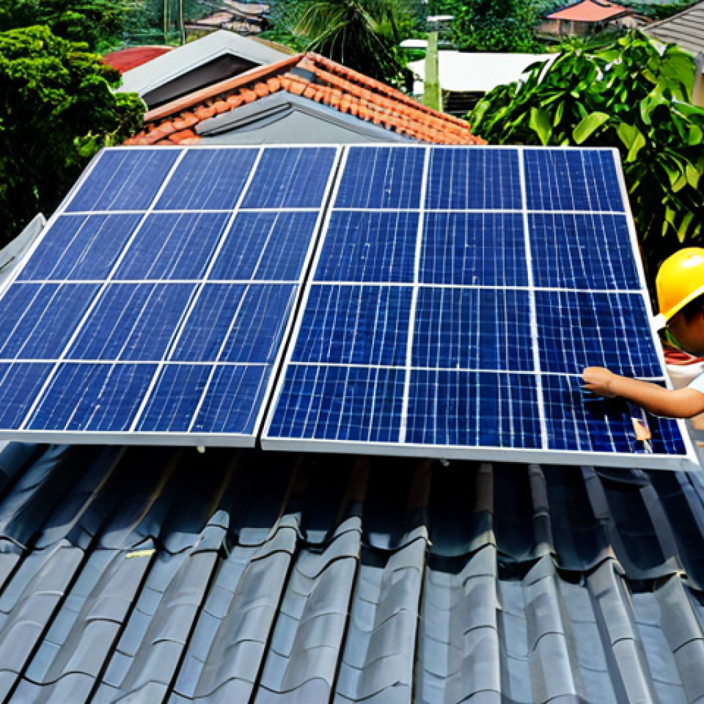 Rooftop Solar Panel Installation**

"A suburban Vietnamese home with solar panels installed on the roof, fully clothed construction workers in professional attire installing the panels, sunny day, residential neighborhood background, safe for work, appropriate content, professional, perfect anatomy, natural proportions, family-friendly scene, showcasing renewable energy, well-formed hands, proper finger count, natural body proportions."

**
