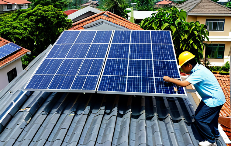 Rooftop Solar Panel Installation**

"A suburban Vietnamese home with solar panels installed on the roof, fully clothed construction workers in professional attire installing the panels, sunny day, residential neighborhood background, safe for work, appropriate content, professional, perfect anatomy, natural proportions, family-friendly scene, showcasing renewable energy, well-formed hands, proper finger count, natural body proportions."

**