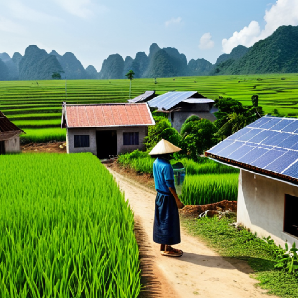 **

A rural Vietnamese village scene, bathed in sunlight, featuring modern solar panels installed on the roofs of traditional homes.  A local farmer, fully clothed in appropriate farming attire (áo bà ba), is inspecting a small home battery storage system. In the background, a slightly visible wind turbine generates clean energy. The overall scene conveys sustainable living and energy independence. Include details like rice paddies and children playing safely in the distance.  Perfect anatomy, correct proportions, natural pose. Safe for work, appropriate content, fully clothed, professional, family-friendly, high-quality rendering, realistic style.

**