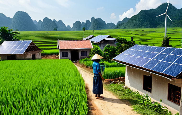 **

A rural Vietnamese village scene, bathed in sunlight, featuring modern solar panels installed on the roofs of traditional homes.  A local farmer, fully clothed in appropriate farming attire (áo bà ba), is inspecting a small home battery storage system. In the background, a slightly visible wind turbine generates clean energy. The overall scene conveys sustainable living and energy independence. Include details like rice paddies and children playing safely in the distance.  Perfect anatomy, correct proportions, natural pose. Safe for work, appropriate content, fully clothed, professional, family-friendly, high-quality rendering, realistic style.

**