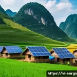 분산형 에너지 시스템의 지속 가능한 커뮤니티 발전 - A vibrant Vietnamese rural village scene showcasing a distributed renewable energy