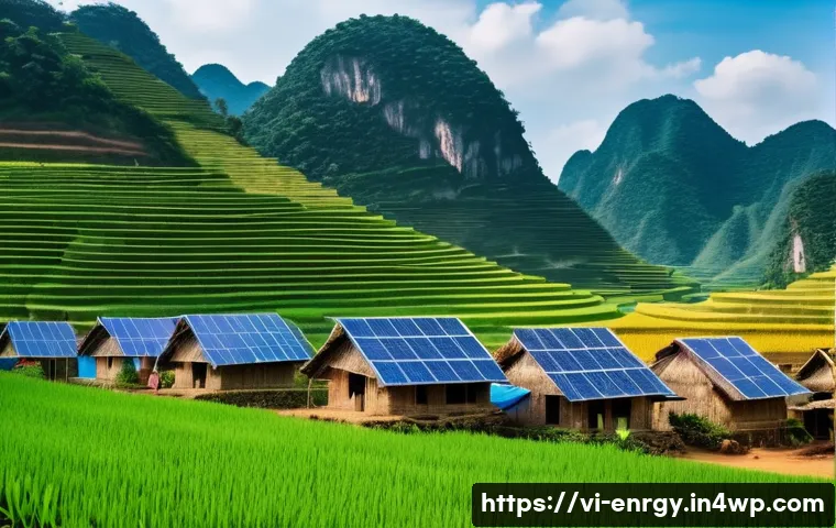 분산형 에너지 시스템의 지속 가능한 커뮤니티 발전 - A vibrant Vietnamese rural village scene showcasing a distributed renewable energy