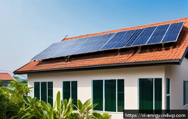 분산형 에너지 시스템과 에너지 민주화 - A detailed rooftop solar energy system installed on a modern Vietnamese suburban house under bright ...