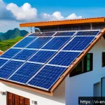 분산형 에너지 시스템 구축을 위한 필수 조건 - A detailed rooftop solar panel installation on a modern Vietnamese home under bright sunlight, showi...
