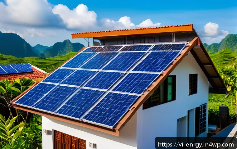 분산형 에너지 시스템 구축을 위한 필수 조건 - A detailed rooftop solar panel installation on a modern Vietnamese home under bright sunlight, showi...