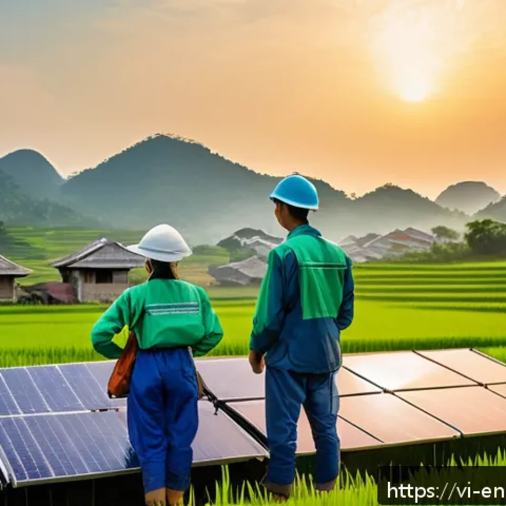 분산형 에너지 시스템의 구조적 변화 예측 - A modern Vietnamese residential rooftop solar panel installation at sunrise, with a family of four w...