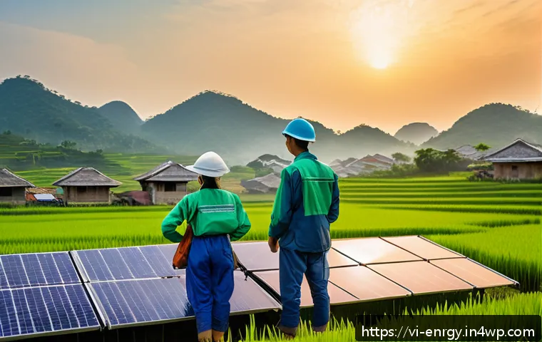 분산형 에너지 시스템의 구조적 변화 예측 - A modern Vietnamese residential rooftop solar panel installation at sunrise, with a family of four w...