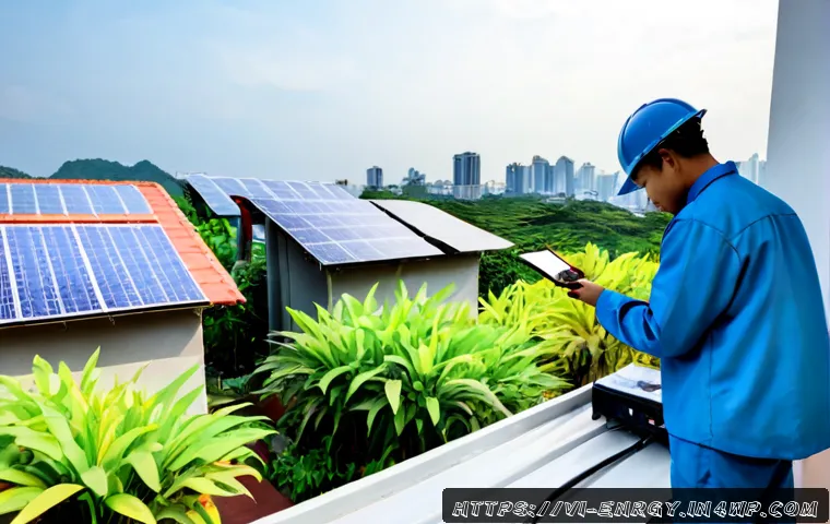 Home 17 분산형 에너지 시스템의 자원 관리 방법 - Photorealistic rooftop solar energy management scene in a modern Vietnamese home, a Vietnamese techn...
